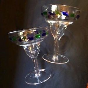 Hand Blown Mexican Mosaic Margarita Glass Pair *NWOT*